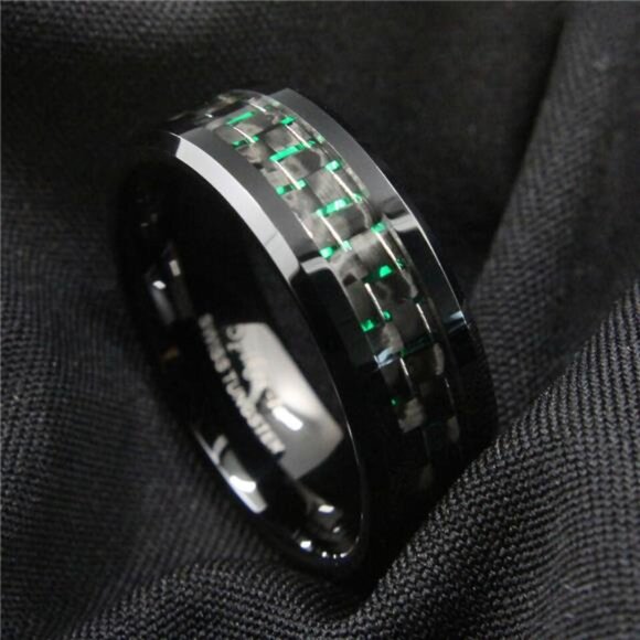 Men's Wedding Band Rings - Black and Green Carbon Fiber - Wedding Rings for Men - Picture 4 of 4